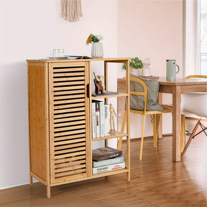 Bathroom Cabinet Bamboo Storage Floor Cabinet w/ Single Door & 3 Open Shelves