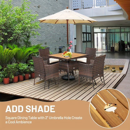 5pcs Patio Dining Set with Acacia Wood Table and PE Rattan Arm Chairs, Mixed Brown & Off White, Patio Dining Table Set, Wooden Table Top