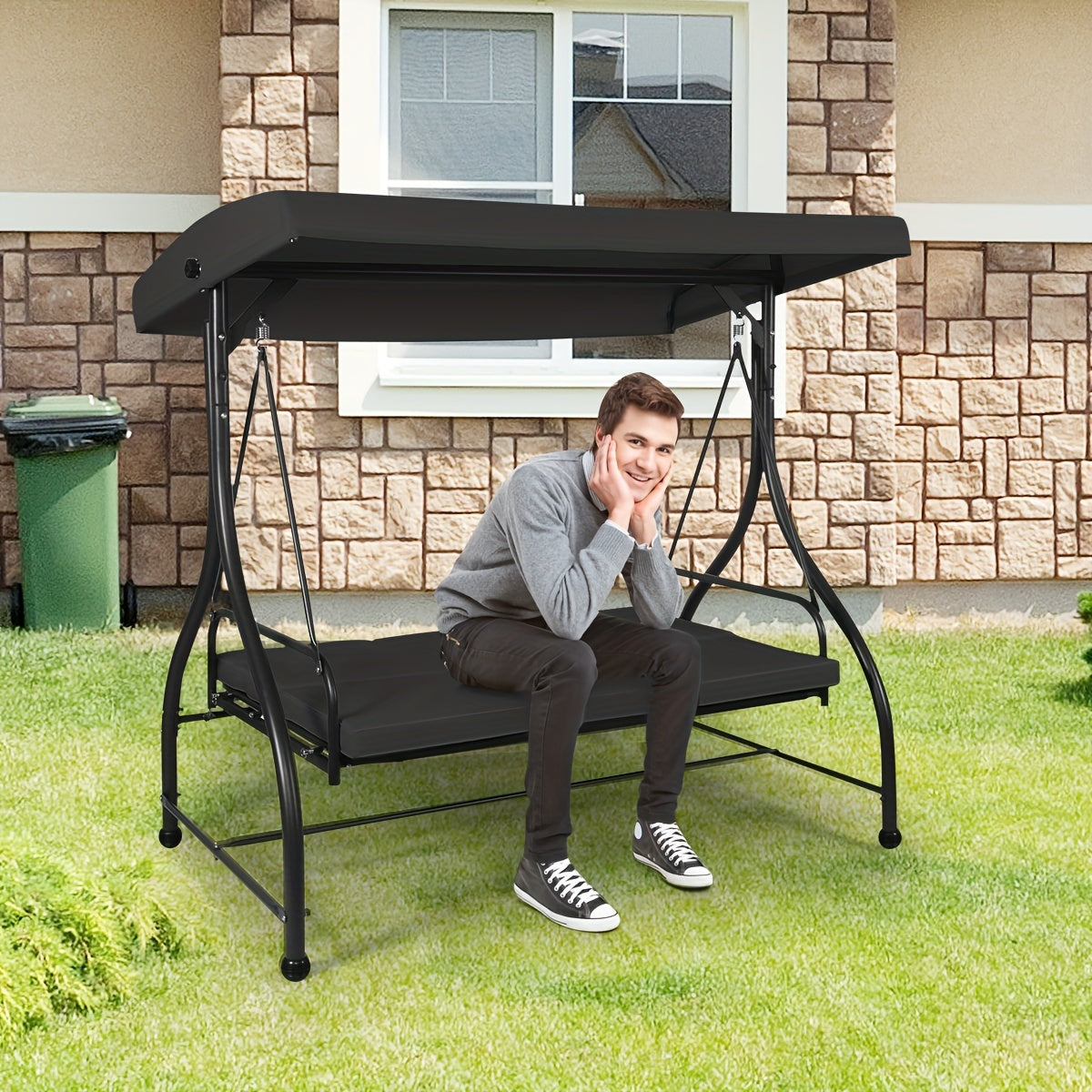 [3 People Steel Hammock] 1pc 3 People Steel Frame Convertible Outdoor Swing Canopy Hammock | Black, Cushioned Seat, 74x44x70 Inches, Patio Deck And Garden Furniture