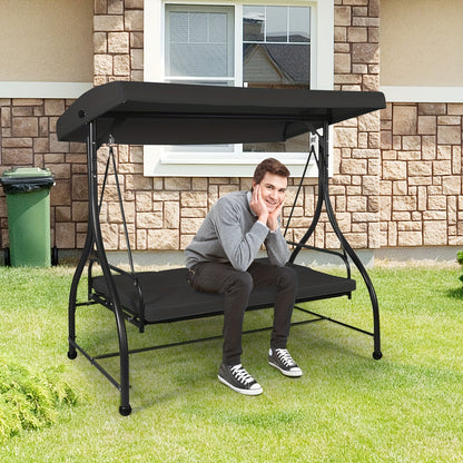 [3 People Steel Hammock] 1pc 3 People Steel Frame Convertible Outdoor Swing Canopy Hammock | Black, Cushioned Seat, 74x44x70 Inches, Patio Deck And Garden Furniture