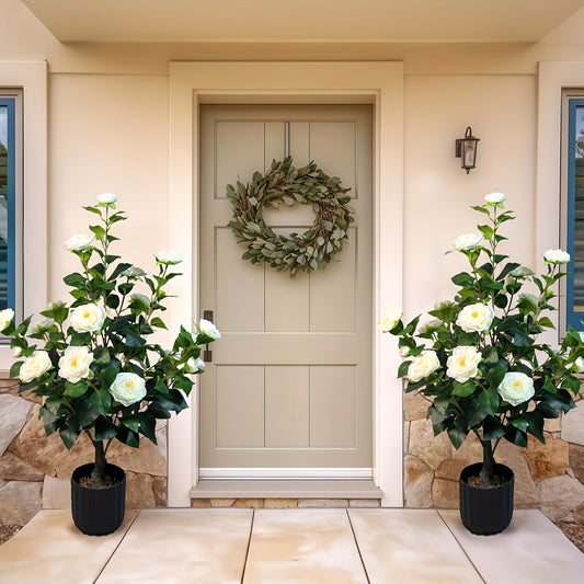 2pcs 3ft Artificial Camellia Trees with Pot & Pebbles - 24 Realistic White Blooms & 188 Lush Green Leaves - Indoor/Outdoor Faux Potted Plant for Home, Office, Garden - All-Season Decor, Best for Christmas, Perfect for Thanksgiving