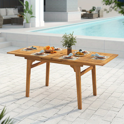 Expandable Outdoor Dining Table for 6-8 Person, 55" -71" Acacia Wood Patio Table with 1. 97" Umbrella Hole and Slatted Tabletop, Rectangular Table for Garden, Yard, Deck