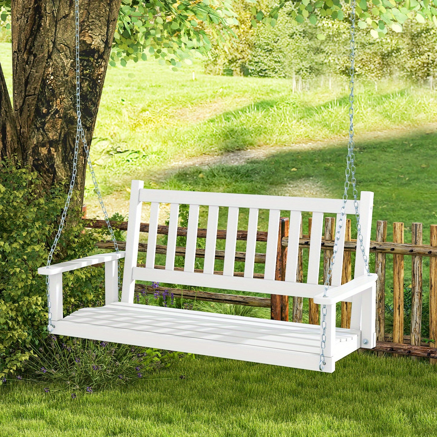 [Heavy Duty Porch Swing] 3-Person Heavy Duty White Wooden Porch Swing - Adjustable Height, Solid Poplar Wood, Galvanized Metal Chains, Slatted Backrest & Curved Seat - Ideal for Patio, Garden, Backyard