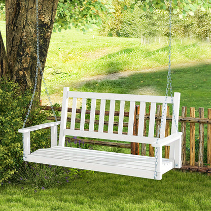[Heavy Duty Porch Swing] 3-Person Heavy Duty White Wooden Porch Swing - Adjustable Height, Solid Poplar Wood, Galvanized Metal Chains, Slatted Backrest & Curved Seat - Ideal for Patio, Garden, Backyard