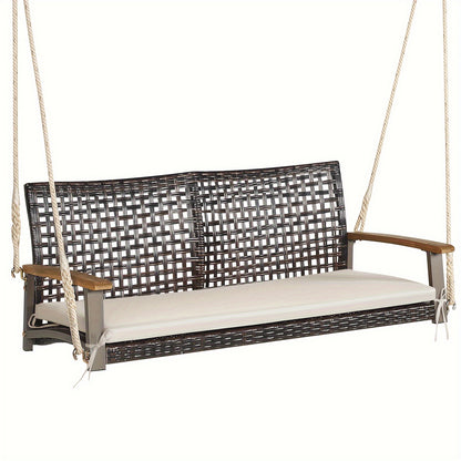 2-Person Patio Rattan Hanging Swing Chair Porch Loveseat Cushion White