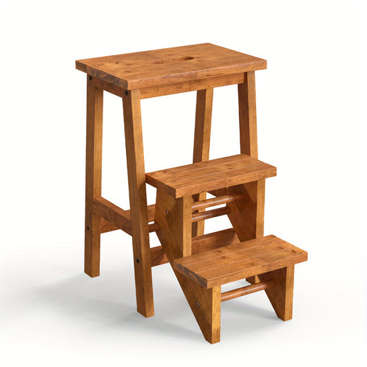 3-in-1 Folding Step Stool | 24" | Rubber Wood | Durable & Portable, Sturdy Ant-Slip Surface, 200 lbs Capacity Per Pedal | Home, Garage, or Garden Use | Rustic Wood | Secure Connection Joints