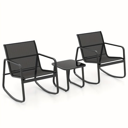3pcs/set COSTWAY Patio Rocking Chairs Set - 2 Rocking Bistro Chairs & Glass-Top Table For Porch