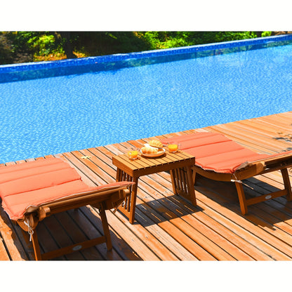 3pcs Wooden Folding Patio Lounge Chair Table Set, Red/White Cushion Pad Pool Deck