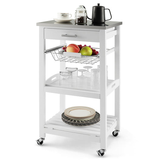 Kitchen Island on Wheels, Rolling Kitchen Cart with Stainless Steel Countertop, Slide-out Metal Wire Basket, Serving Tray, Lockable Casters, Utility Storage Trolley for Kitchen, Dining Room