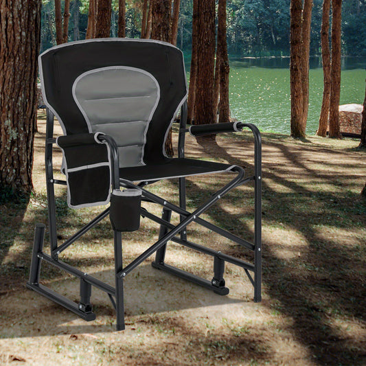 Outdoor Rocker Camping Chair for Adults, Portable Foldable Rocking Chair w/ Dual Springs, Padded Back, Armrests, Cup Holder, Storage Pocket, Heavy-Duty Arm Chair for Beach Patio Travel Picnic.