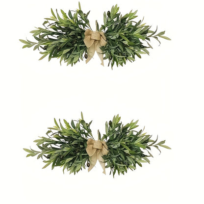Artificial Olive Leaf Wreath with Country-Style Linen Bow - Plastic Green Plant Wall Decoration for Weddings, Christmas And June Festivals, Maintenance-Free Home Decoration, Farmhouse Door Wall Decoration, Holiday Embellishment