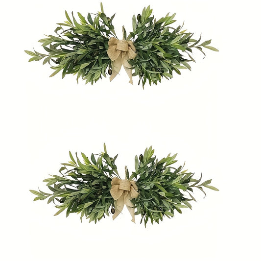 Artificial Olive Leaf Wreath with Country-Style Linen Bow - Plastic Green Plant Wall Decoration for Weddings, Christmas And June Festivals, Maintenance-Free Home Decoration, Farmhouse Door Wall Decoration, Holiday Embellishment
