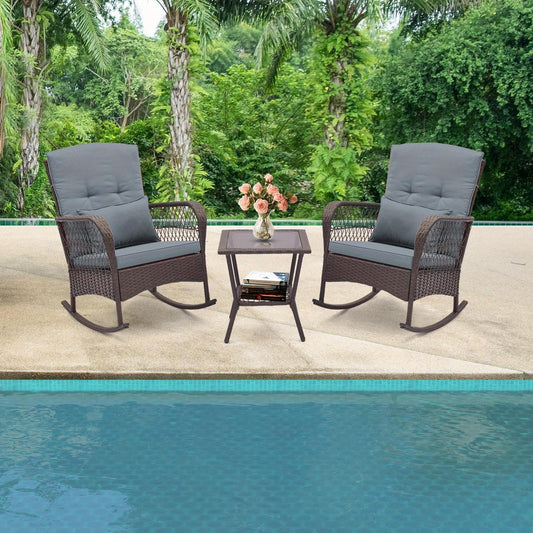 3pcs Patio Rocker Set, Outdoor Wicker Rocking Chairs w/ Double-Layer Coffee Table, Rattan Rocker Chair Set w/ Seat Back Cushions & Pillows, for Porch, Backyard, Poolside.