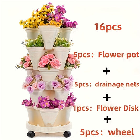 16pcs 5-Tier Stackable Vertical Garden Pots With Wheels | Durable Plastic Indoor/Outdoor Planters For Flowers, Herbs, Strawberries, Vegetables | Includes Flower Pots, Drainage Nets & Disk, Extra Large Flower Pots, Mobile Flower Pots, Wheeled Planters