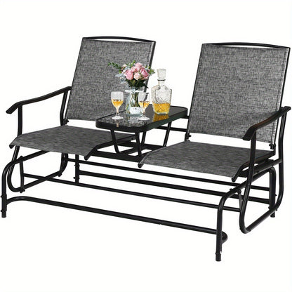Patio Bench Glider Chair With Metal Frame, Center Tempered Glass Table, Outside Double Rocking Swing Loveseat For Porch, Garden, Poolside, Balcony, Lawn Rocker Outdoor Glider Bench (Gray)