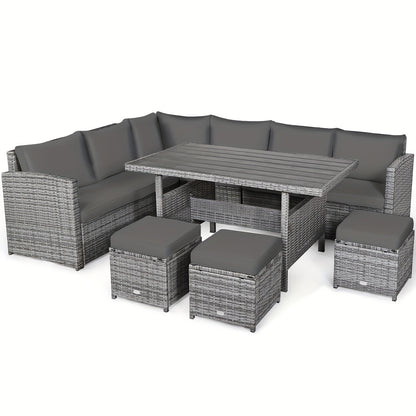 7pcs Patio Rattan Dining Set, Sectional Sofa Couch Ottoman For Garden Gray