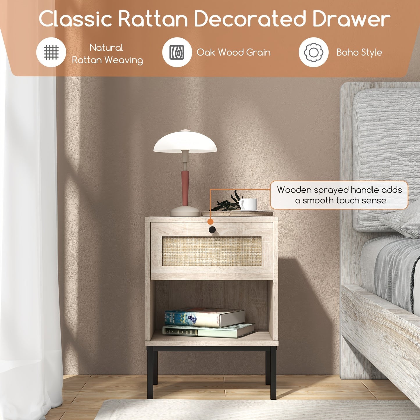 [Boho Style] Rattan Nightstand | 2pcs | Rattan | with Drawer & Open Shelf | Living Room | Boho