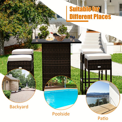 5pcs Rattan Patio Bar Set with Hidden Storage - Includes Table, 4 Stools & Waterproof Cushions - Weather-Resistant PE Wicker for Outdoor Gatherings, Shelf