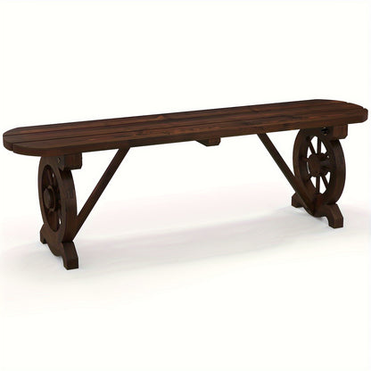 Patio Wood Bench, Outdoor Rustic Wagon Wheel Bench, 2-Person Wooden Outdoor Bench For Patio, Garden, Porch, Park, 710 Lbs Weight Capacity, Brown