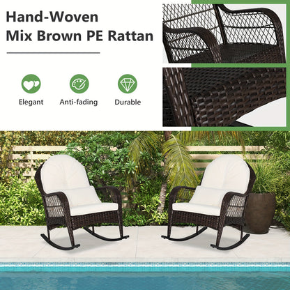 Patio Wicker Rocking Chair W/Seat Back Cushions & Lumbar Pillow Porch Off White