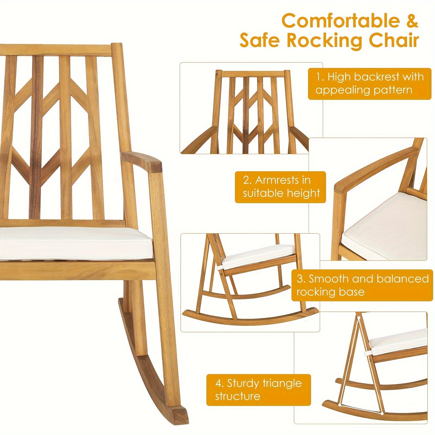 Elegant Acacia Wood Patio Rocking Chair with Cozy White Cushioned Seat, Armrests, and High Backrest - Sturdy, Safe Design for Garden or Deck Use, Outdoor Patio Furniture