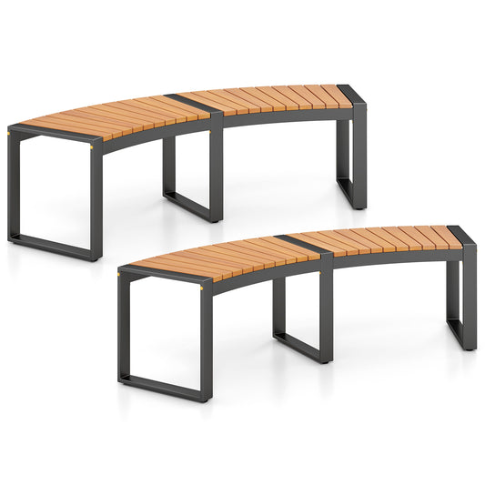 Acacia Wood Patio Bench Set - Curved Fire Pit Seat with Slatted Design & Metal Legs, Outdoor 2-Person Backless Bench for Yard, Garden, Porch, 800 LBS Max Load