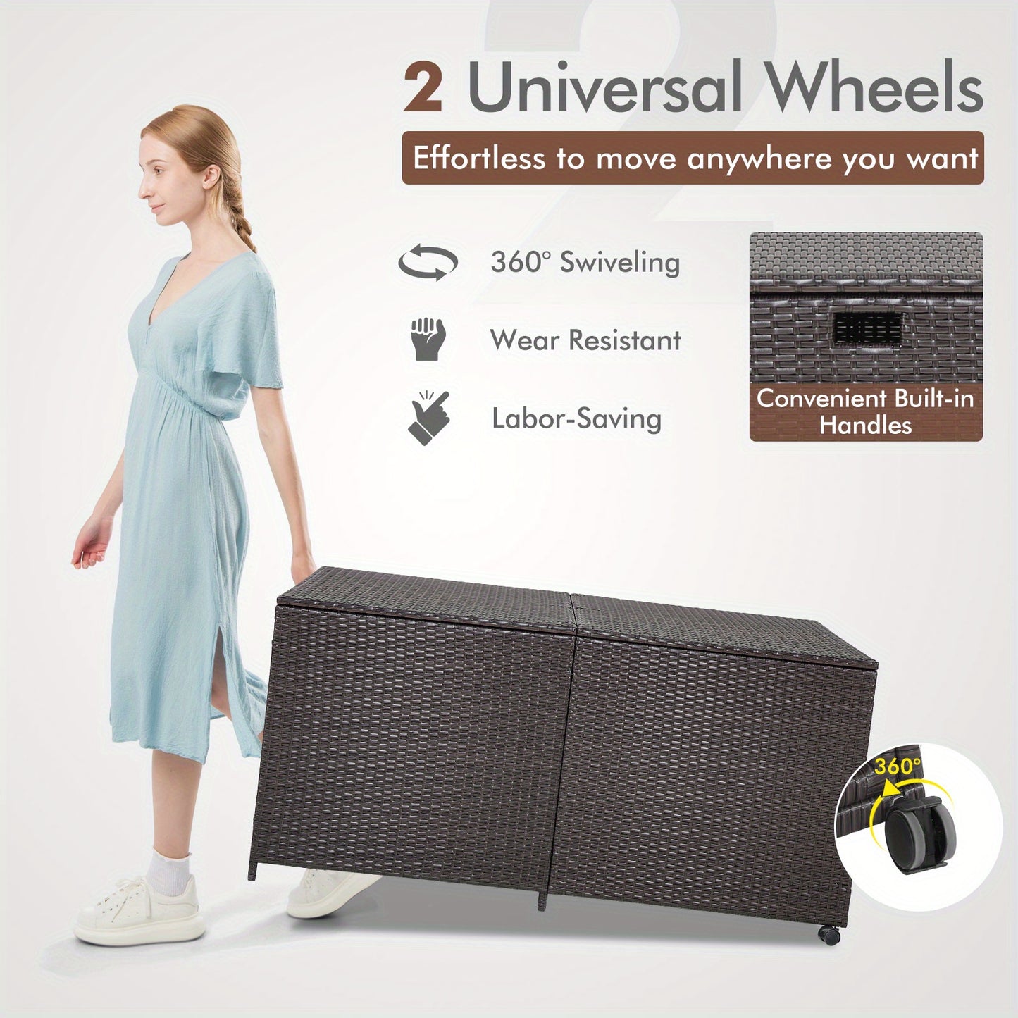 Patio 175 Gallon Rattan Wicker Storage Deck Box Container Wheels W/Liner Garden