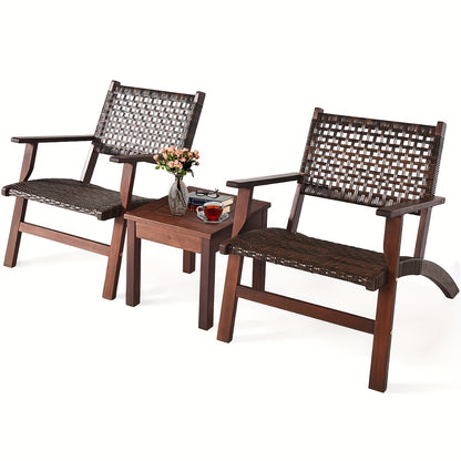 3pcs Outdoor Patio Rattan Furniture Set, Solid Wood Frame Chair And Coffee Table