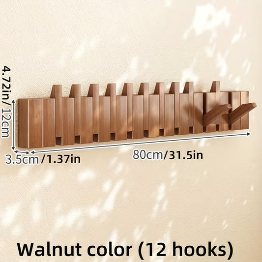 Boho Style Wooden Piano Key Wall Rack, Easy Install Wall Mounted Coat Hook, Folding Hanging Storage Organizer for Bedroom, Entryway, Foyer, Mudroom - Aesthetic Room Decor