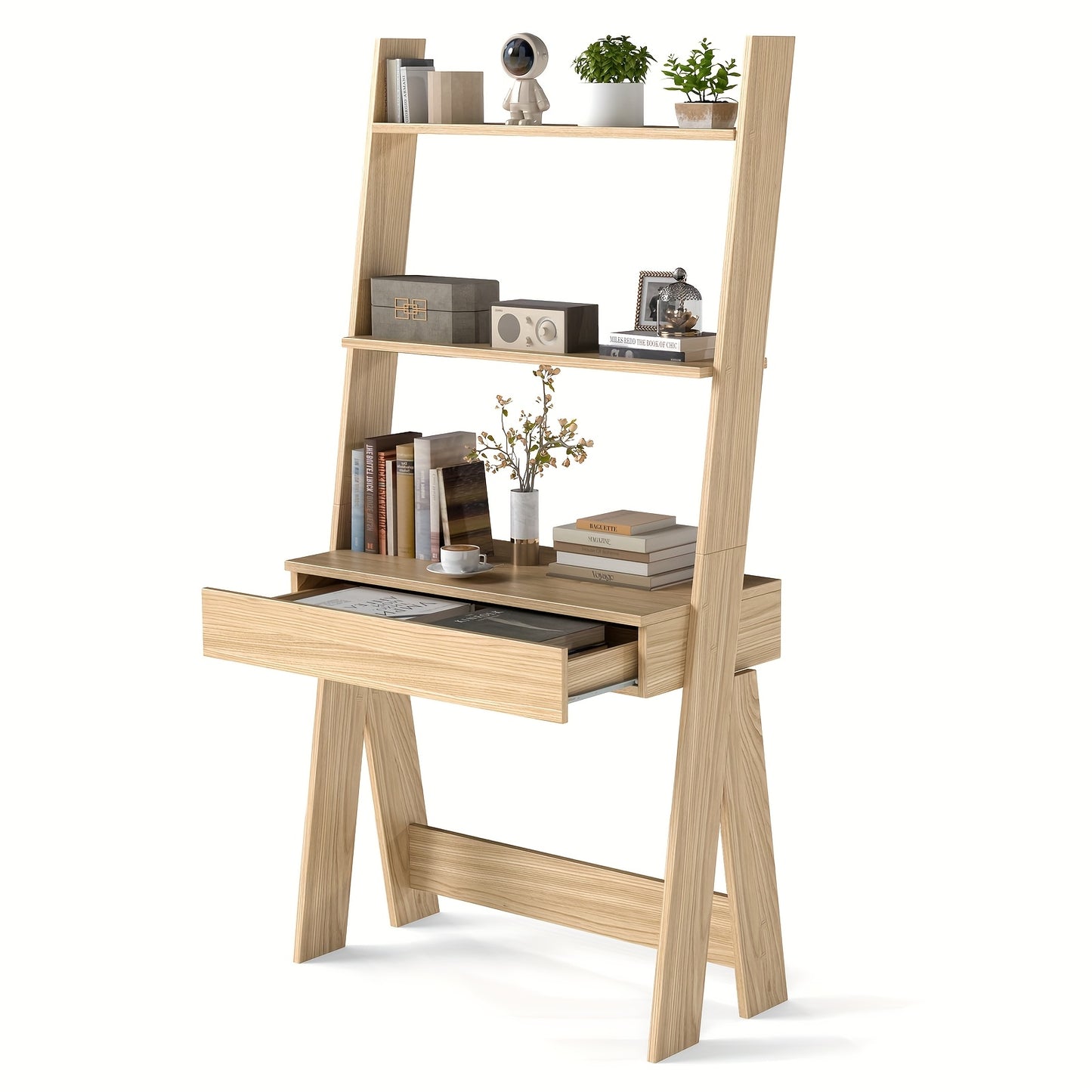 Ladder Shelf Desk Bookcase w/Countertop, Drawer & 2 Shelves Bookshelf