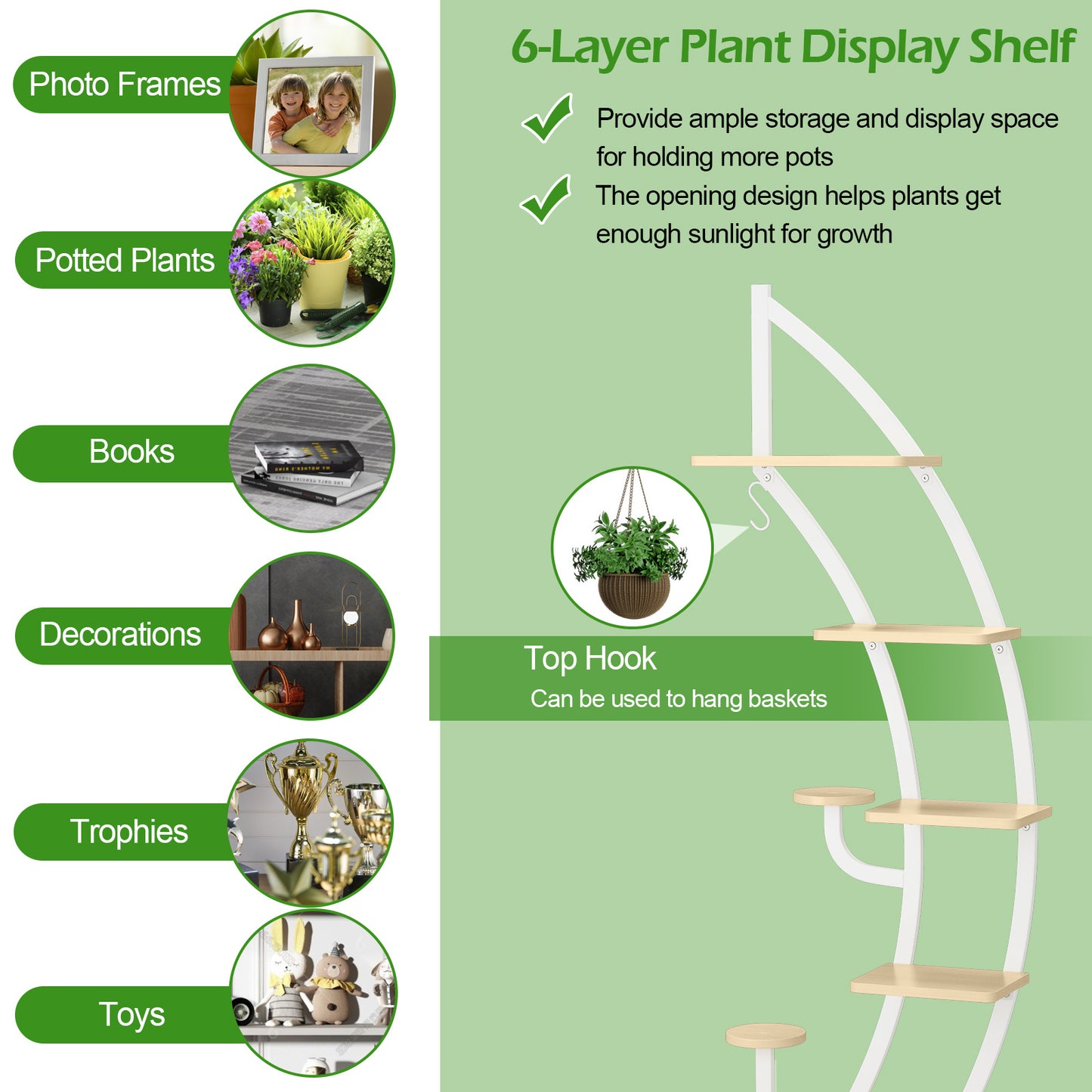 6 Tier Metal Plant Stand, Half Moon Shape Ladder Planter Organizer w/Hook, Multifunctional Curved Flower Pot Rack, Indoor Bonsai Display Shelf for Living Room, Bedroom, Balcony