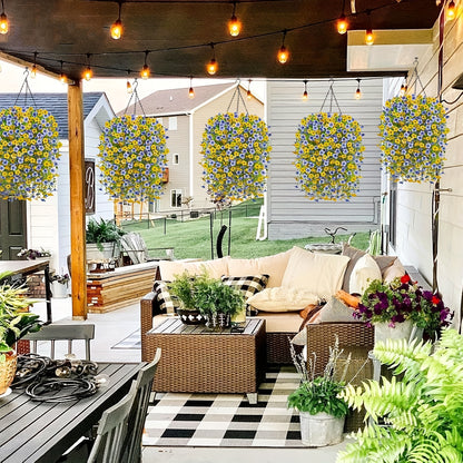 8pcs UV-Resistant Artificial Hanging Vines with Vibrant Blue & Yellow Flowers - Flexible Stems for Easy Shaping, No Maintenance Bohemian Chic Home Decor, Artificial Flowers for Home Decor, Garden Decor, Porch Embellishment, Easy Shaping Vines