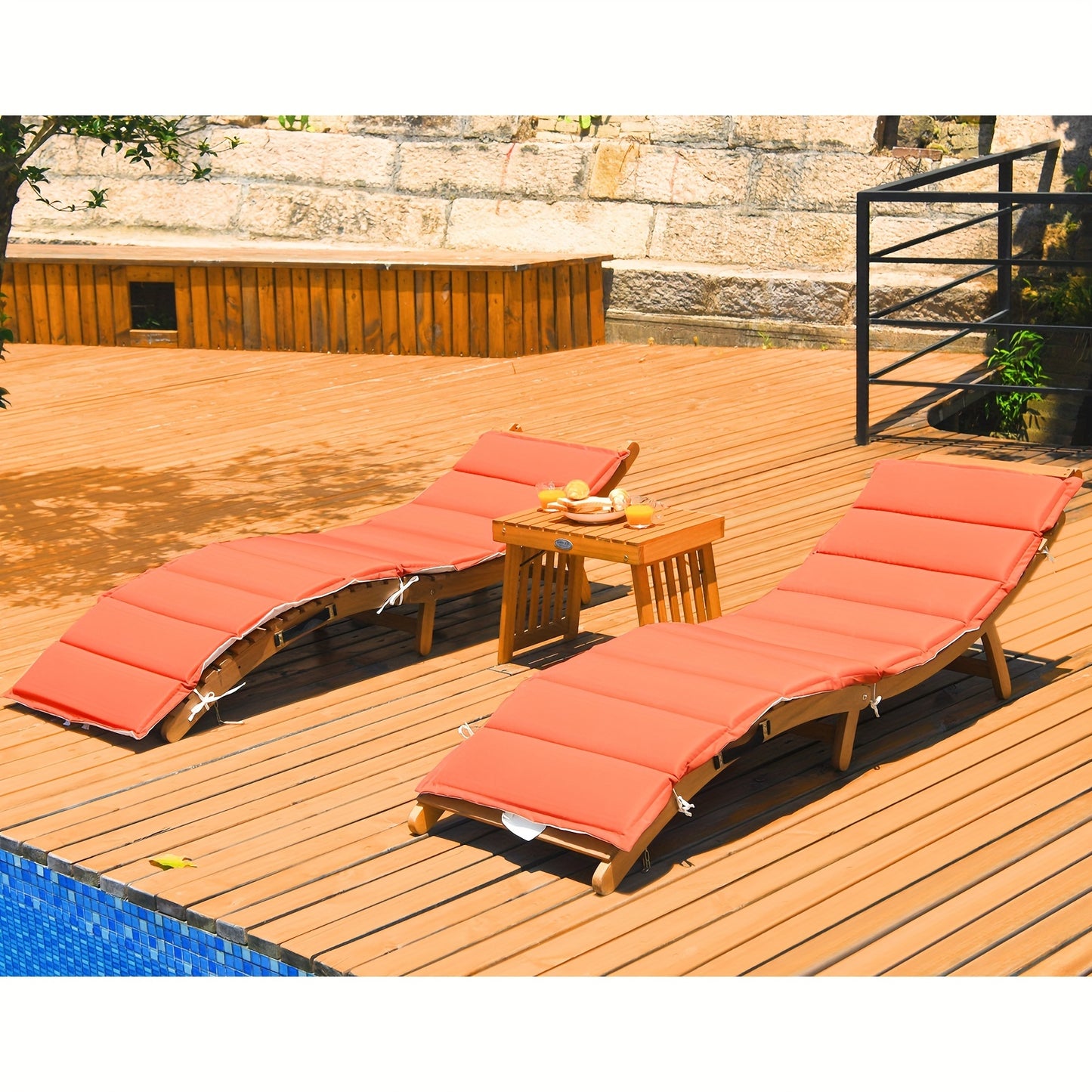 3pcs Wooden Folding Patio Lounge Chair Table Set, Red/White Cushion Pad Pool Deck