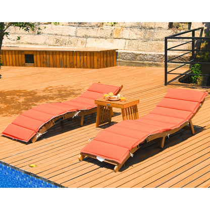 3pcs Wooden Folding Patio Lounge Chair Table Set, Red/White Cushion Pad Pool Deck