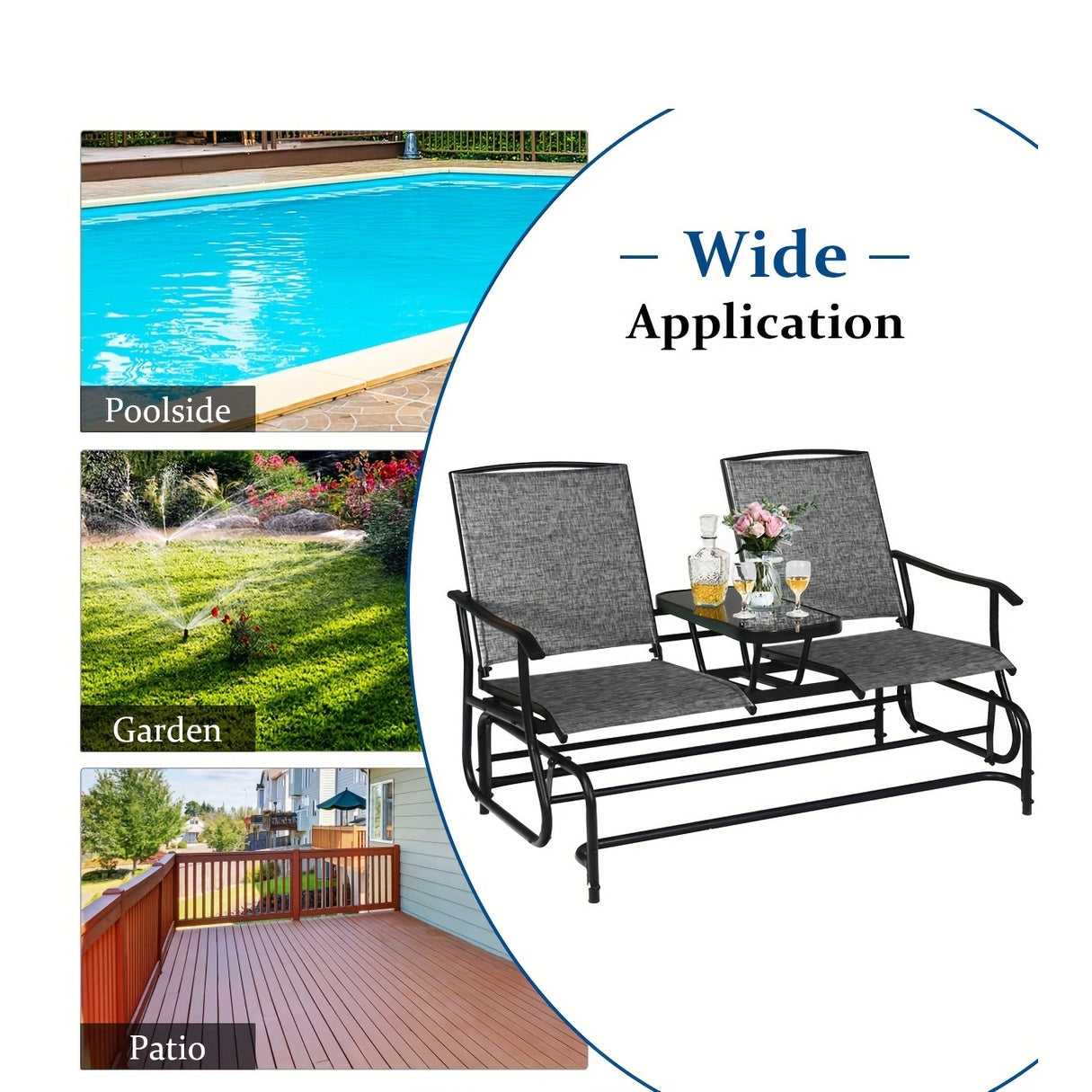 Patio Bench Glider Chair With Metal Frame, Center Tempered Glass Table, Outside Double Rocking Swing Loveseat For Porch, Garden, Poolside, Balcony, Lawn Rocker Outdoor Glider Bench (Gray)