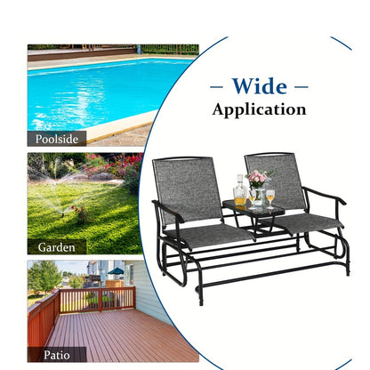 Patio Bench Glider Chair With Metal Frame, Center Tempered Glass Table, Outside Double Rocking Swing Loveseat For Porch, Garden, Poolside, Balcony, Lawn Rocker Outdoor Glider Bench (Gray)