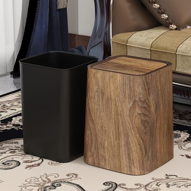 Extra-Large Vintage Wood Grain Trash Can - Odor-Blocking, Rectangular Plastic Waste Bin with Natural Wood Lid for Kitchen, Bathroom, Living Room & Hotels, Kitchen