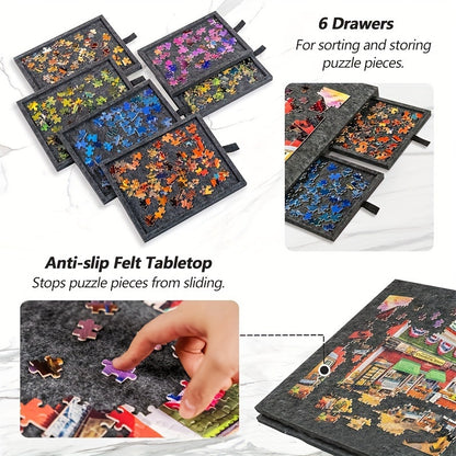 1000/1500pcs Large Jigsaw Puzzle Board with 6-Drawer Storage System, Foldable Table with Built-In Stand & Protective Cover - Portable Organizer with Puzzle Piece Holders, Space-Saving Design for Easy Assembly & Storage