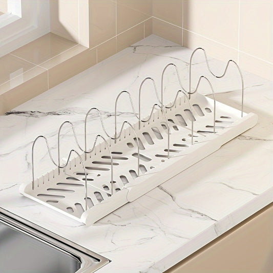 Expandable Pot Lid Organizer Rack, Adjustable Kitchen Cabinet Storage with Drain System, ABS Dishware Tiered Shelf for Cabinet, Countertop, Under Sink Organization Christmas, Halloween Gift
