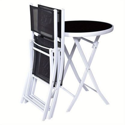 3pcs Elegant Folding Bistro Set with Black Tempered Glass Top - Durable Metal Frame & Textile Fiber Seats, Easy Clean - Ideal for Patio, Garden, Deck - No Assembly Required, Outdoor Patio Furniture
