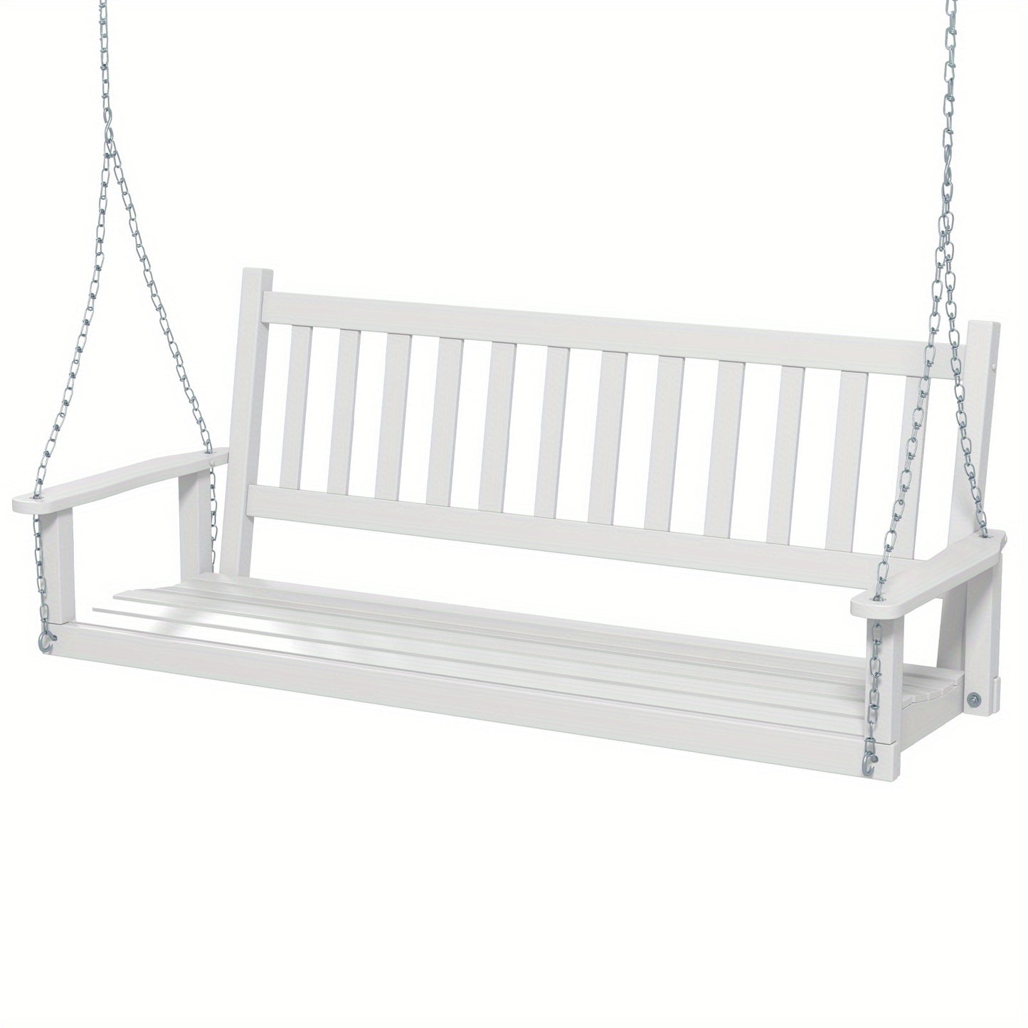 [Heavy Duty Porch Swing] 3-Person Heavy Duty White Wooden Porch Swing - Adjustable Height, Solid Poplar Wood, Galvanized Metal Chains, Slatted Backrest & Curved Seat - Ideal for Patio, Garden, Backyard