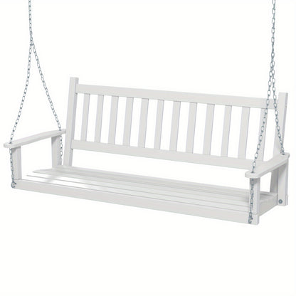 [Heavy Duty Porch Swing] 3-Person Heavy Duty White Wooden Porch Swing - Adjustable Height, Solid Poplar Wood, Galvanized Metal Chains, Slatted Backrest & Curved Seat - Ideal for Patio, Garden, Backyard