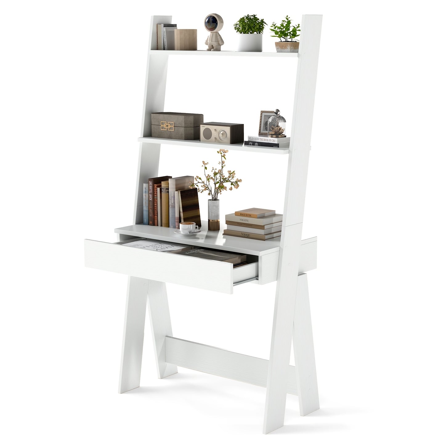 Ladder Shelf Desk Bookcase w/Countertop, Drawer & 2 Shelves Bookshelf