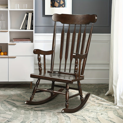 1pc Traditional Solid Wood Rocking Chair, Porch Rocker With Glossy Coffee Finish, Indoor/Outdoor Comfortable Seating, 300 Lbs Weight Capacity, 46.5" Height