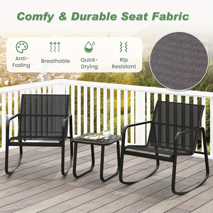 3pcs/set COSTWAY Patio Rocking Chairs Set - 2 Rocking Bistro Chairs & Glass-Top Table For Porch