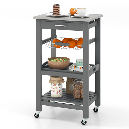 Kitchen Island on Wheels, Rolling Kitchen Cart with Stainless Steel Countertop, Slide-out Metal Wire Basket, Serving Tray, Lockable Casters, Utility Storage Trolley for Kitchen, Dining Room