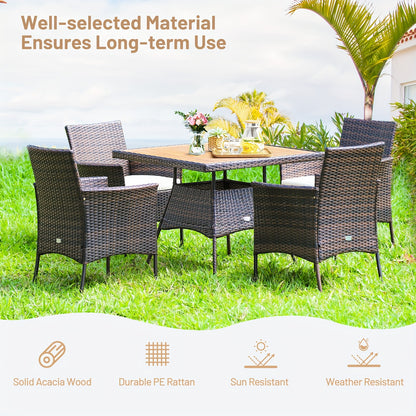 5pcs Patio Dining Set with Acacia Wood Table and PE Rattan Arm Chairs, Mixed Brown & Off White, Patio Dining Table Set, Wooden Table Top