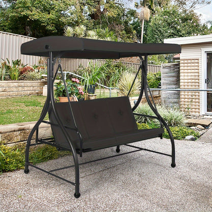[3 People Steel Hammock] 1pc 3 People Steel Frame Convertible Outdoor Swing Canopy Hammock | Black, Cushioned Seat, 74x44x70 Inches, Patio Deck And Garden Furniture