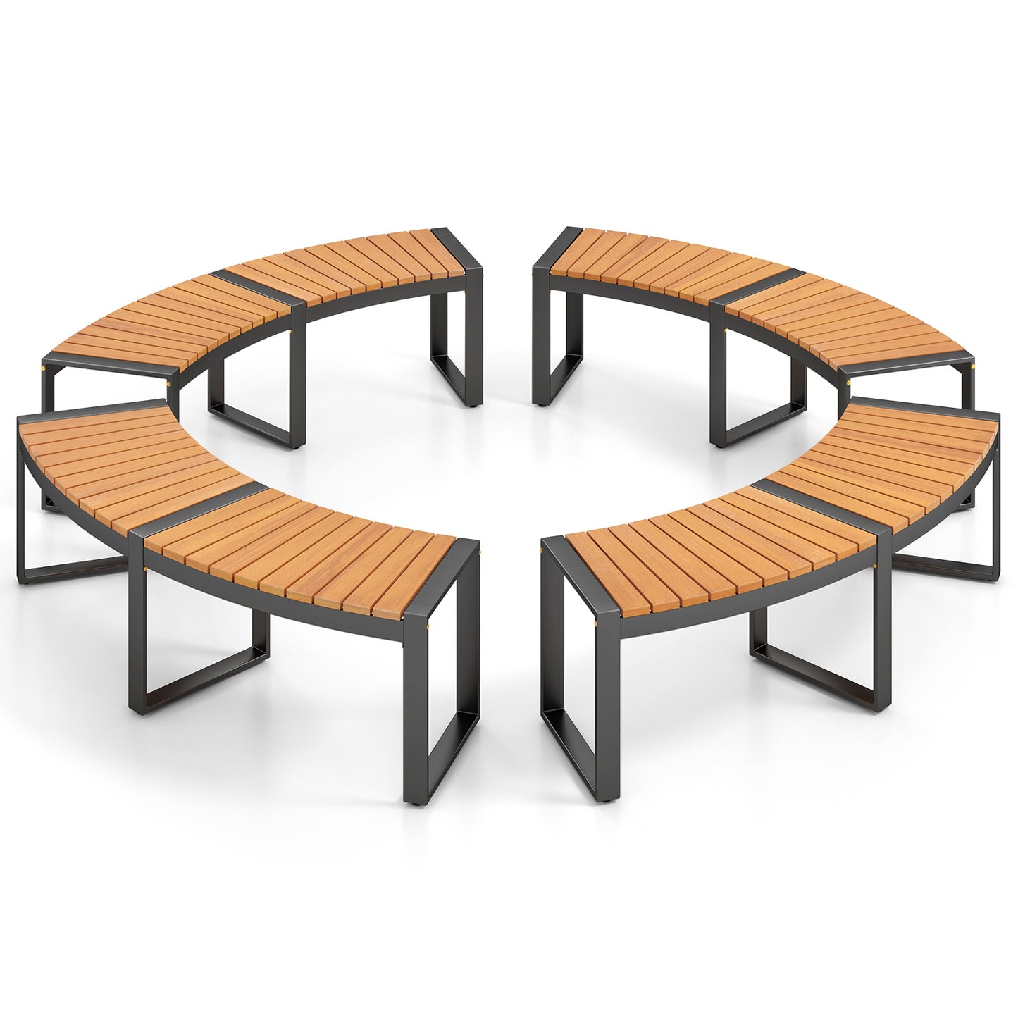 Acacia Wood Patio Bench Set - Curved Fire Pit Seat with Slatted Design & Metal Legs, Outdoor 2-Person Backless Bench for Yard, Garden, Porch, 800 LBS Max Load