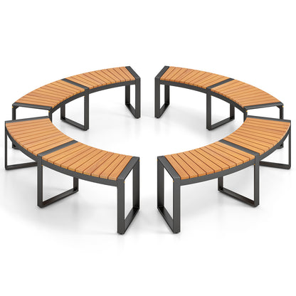 Acacia Wood Patio Bench Set - Curved Fire Pit Seat with Slatted Design & Metal Legs, Outdoor 2-Person Backless Bench for Yard, Garden, Porch, 800 LBS Max Load
